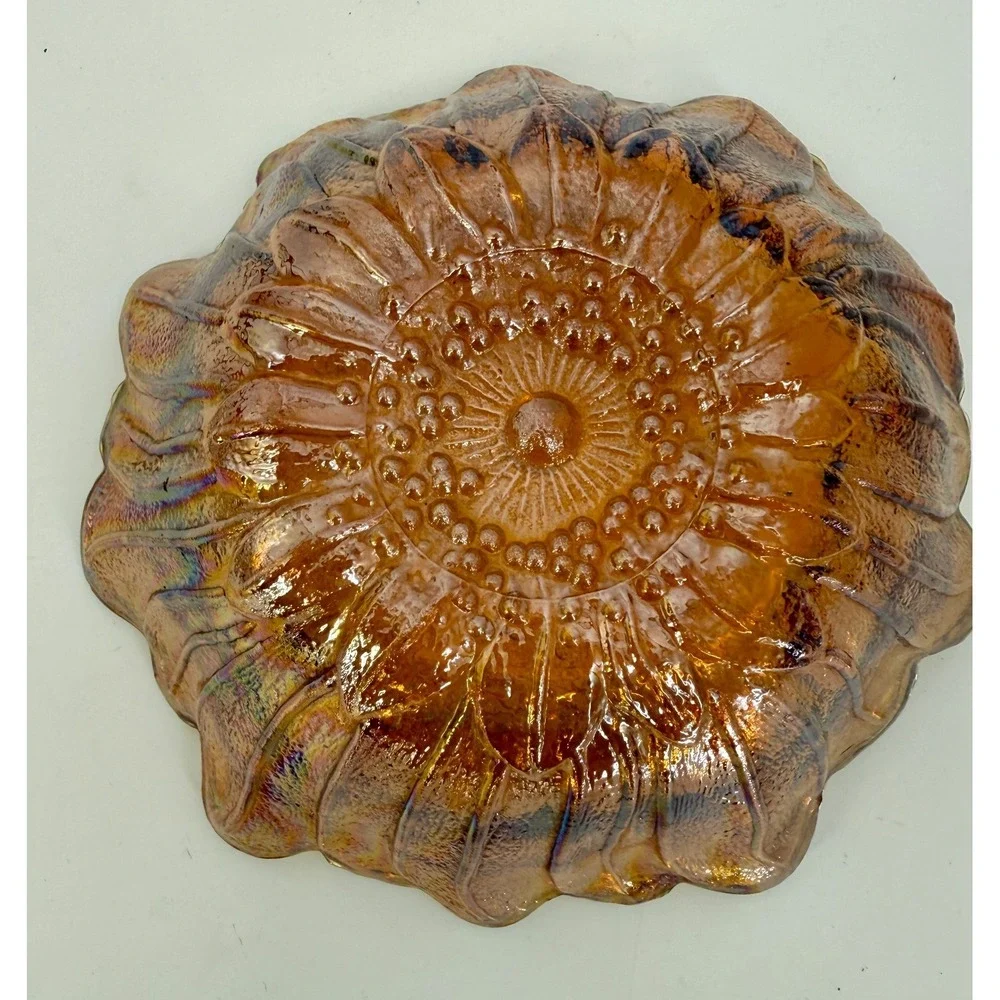 Vintage Indiana Glass Amber Carnival Bowl Iridescent Ruffled Edge‎ Marigold 7